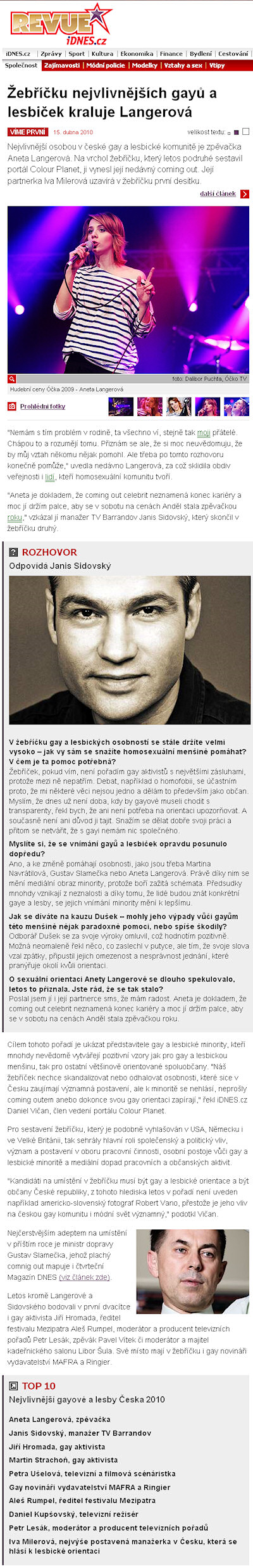 Žebříčku nejvlivnějších gayů a lesbiček kraluje Langerová