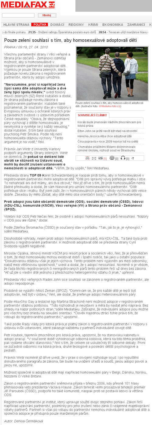 Pouze zelení souhlasí s tím, aby homosexuálové adoptovali děti