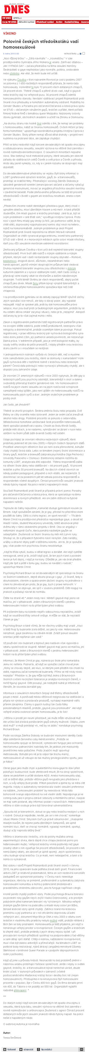 Polovině českých středoškoláků vadí homosexuálové